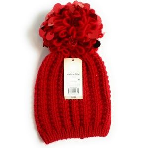 Cat & Jack Girls Red Sequined Hat Pom Knit New